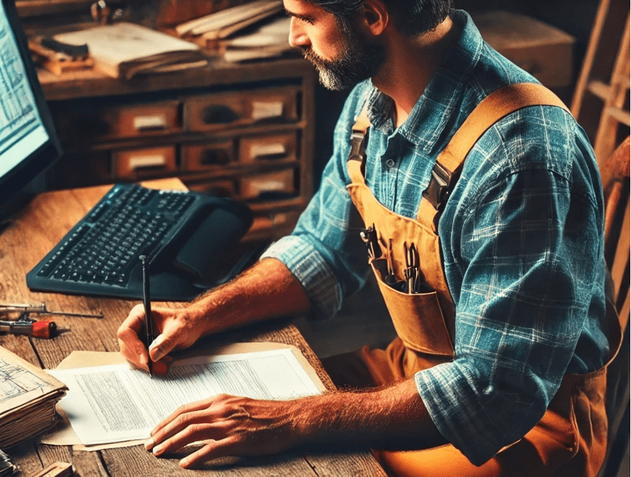 Handwerker in Latzschürze schreibt an einem Holztisch mit Computer und Werkzeugen. Datenschutz im Handwerk